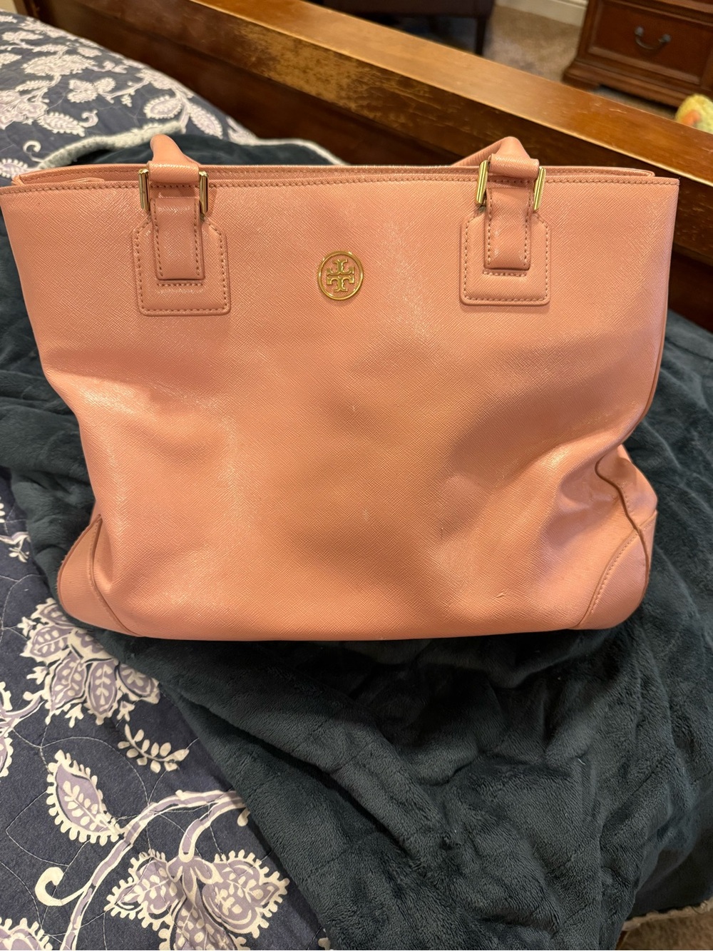 Tory Burch Dusty Pink Leather Tote with Gold Logo
